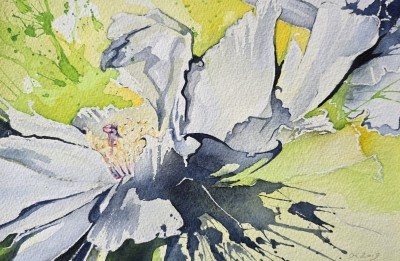 Aquarellbild einer Pfingstrose in expressiven Gelb- und Grüntönen